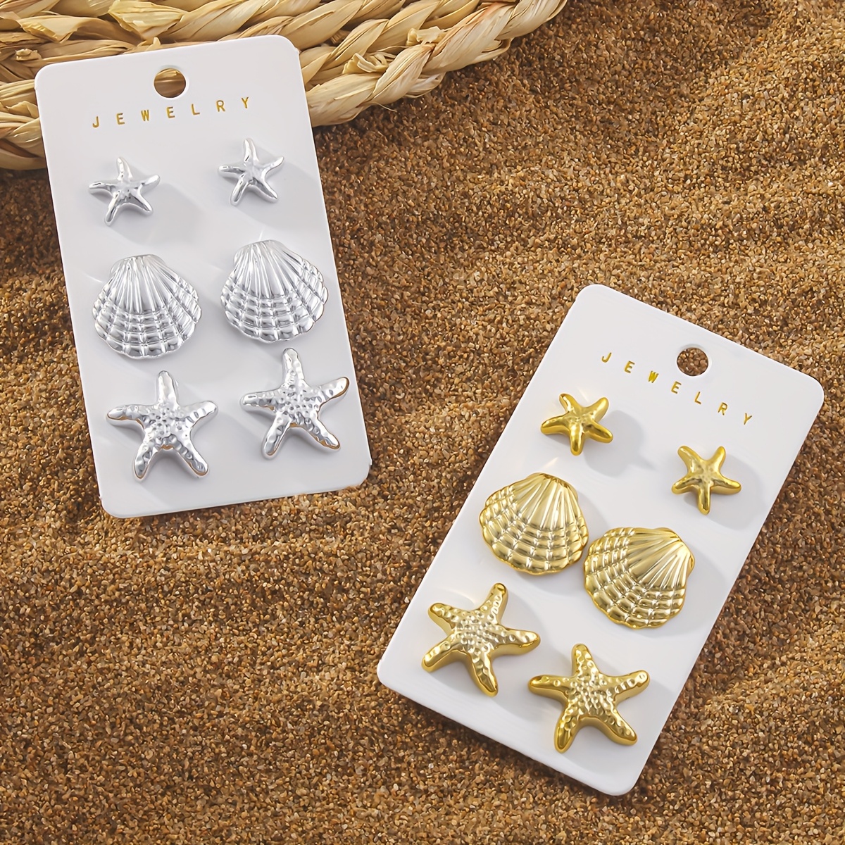 6pcs Starfish & Shell Stud Earrings Set Summer Vacation Style Beach Jewelry